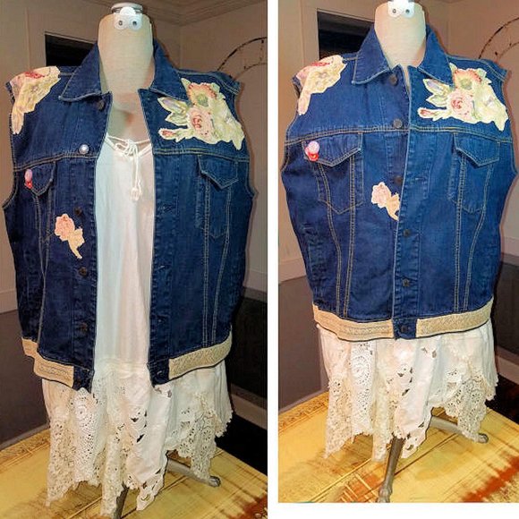 Boho Gypsy Vest Upcycled Denim Jacket Plus Size 20 - Picture 3 of 8